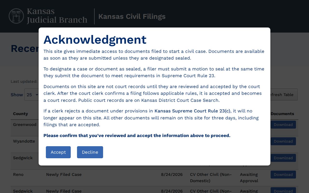 Greenwood County civil docket Kansas Civil Filings portal