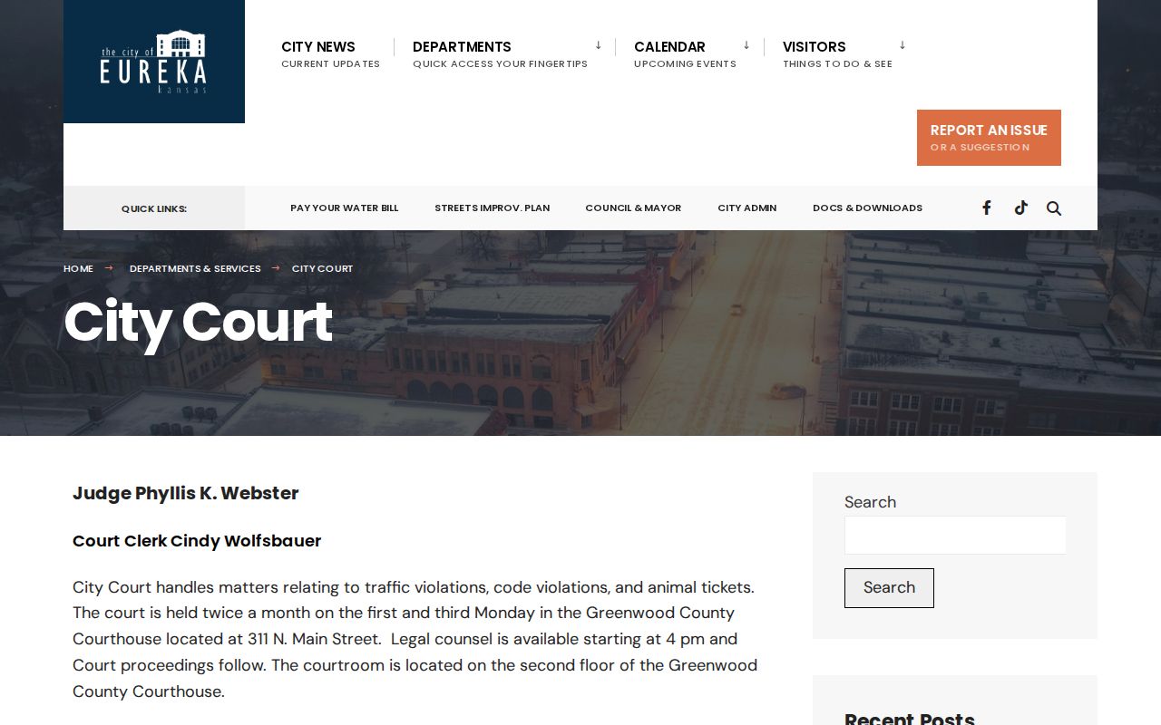Official Eureka City Court page with municipal court information for the Eureka court docket