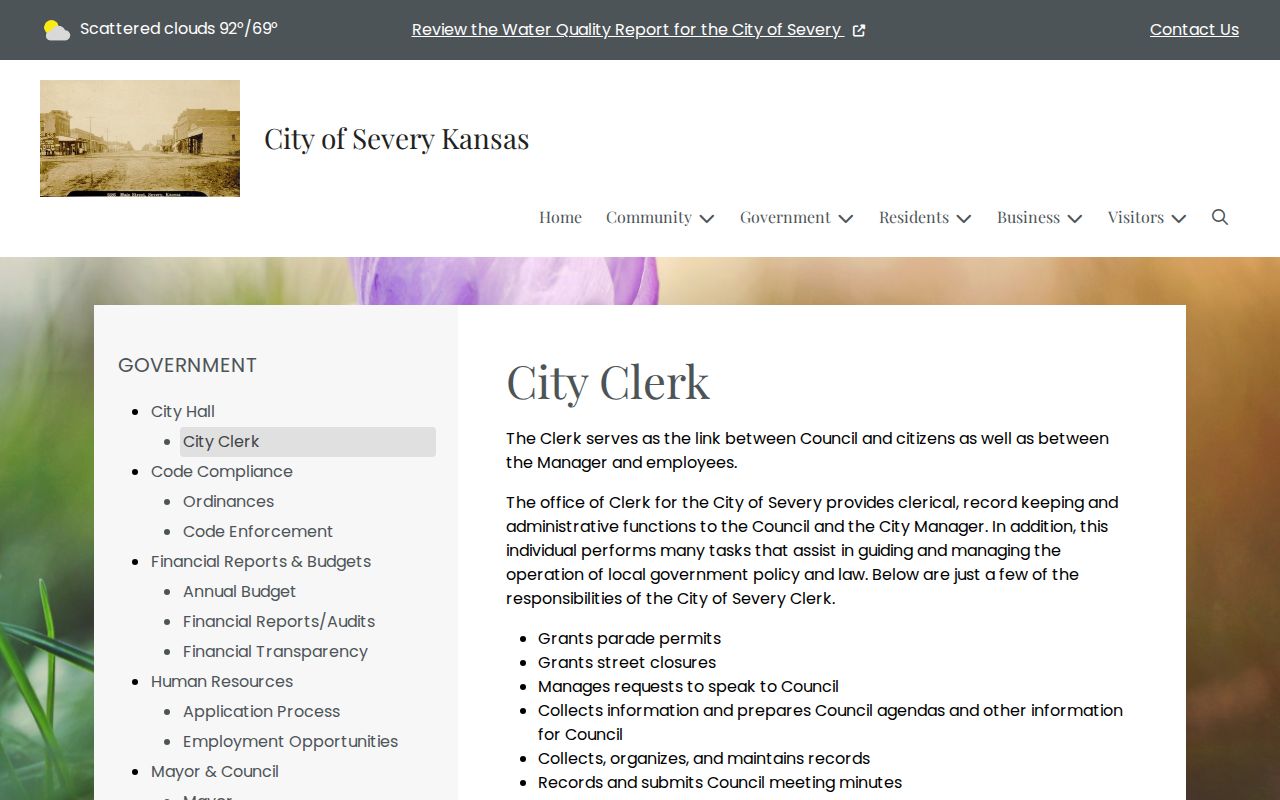 Official Severy City Clerk page with municipal record contact for the Severy court docket