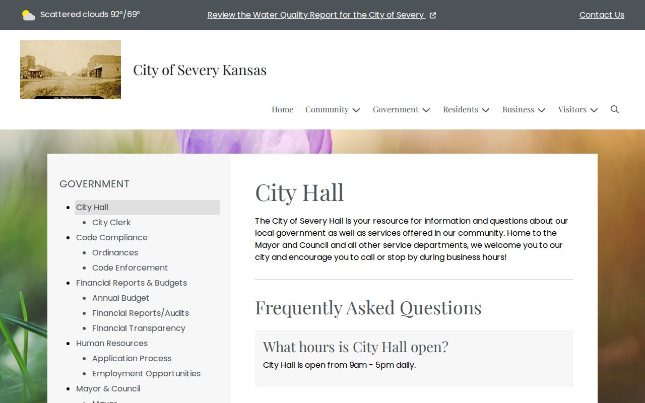 Official Severy City Hall page with local office information for the Severy court docket